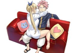 Rule 34 | arms around neck, ass, blonde hair, blush, couple, embarrassed, fairy tail, happy, highres, long hair, lucy heartfilia, mashima hiro, natsu dragneel, official art, pink hair, sitting, sitting on person, spiked hair, tagme, thick thighs, thighs