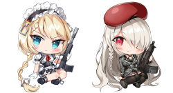 Rule 34 | 2girls, assault rifle, beret, black footwear, black hairband, black skirt, blonde hair, blue eyes, blush, boots, braid, breasts, brown footwear, brown skirt, chibi, closed mouth, frilled hairband, frilled skirt, frills, g36 (girls&#039; frontline), g36c (girls&#039; frontline), girls&#039; frontline, gloves, grey jacket, gun, h&amp;k g36, h&amp;k g36c, hair over one eye, hairband, hat, jacket, knee boots, long hair, long sleeves, multiple girls, name connection, narae, object namesake, over-kneehighs, pleated skirt, puffy short sleeves, puffy sleeves, red eyes, red headwear, red neckwear, rifle, shirt, shoe soles, short sleeves, side braid, silver hair, simple background, single braid, skirt, small breasts, smile, thighhighs, very long hair, weapon, white background, white gloves, white shirt