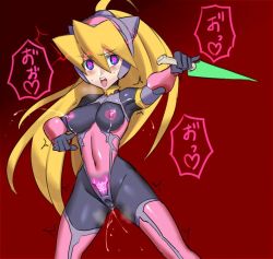 Rule 34 | 1girl, ahegao, alternate costume, blonde hair, blue eyes, blush, bodysuit, breasts, cameltoe, capcom, ciel (mega man), cosplay, cosplay request, covered erect nipples, covered navel, energy blade, female focus, framed breasts, gloves, hair between eyes, heart, heart-shaped pupils, high ponytail, holding, holding weapon, lactation, lactation through clothes, legs apart, leotard, long hair, looking at viewer, medium breasts, mega man (series), mega man zero (series), ninja, open mouth, ponytail, pussy juice, simple background, skin tight, solo, steam, sweat, symbol-shaped pupils, taimanin (series), taimanin suit, teeth, thighhighs, ukimukai, very long hair, weapon