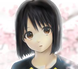 Rule 34 | 1girl, artist request, bad id, bad pixiv id, black hair, looking at viewer, nakahara misaki, nhk ni youkoso!, open mouth, parted lips, pink background, shirt, short hair, solo, watercolor, yellow eyes, yellow shirt