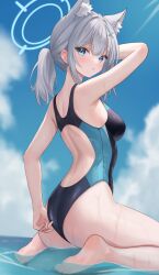 Rule 34 | 1girl, absurdres, animal ear fluff, animal ears, ass, black one-piece swimsuit, blue archive, blue eyes, blue halo, blue sky, blush, breasts, competition swimsuit, cross, cross hair ornament, extra ears, fanteam, grey hair, hair ornament, halo, highleg, highleg swimsuit, highres, inverted cross, looking at viewer, medium breasts, medium hair, mismatched pupils, multicolored clothes, multicolored swimsuit, ocean, official alternate costume, one-piece swimsuit, shiroko (blue archive), shiroko (swimsuit) (blue archive), sitting, sky, solo, swimsuit, toes, two-tone swimsuit, wariza, wolf ears