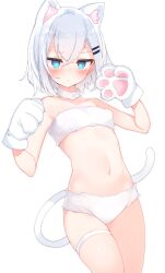 Rule 34 | 1girl, animal ears, animal hands, bikini, blue eyes, breasts, cat ears, cat girl, cat paws, cat tail, closed mouth, gloves, hair ornament, hairclip, highres, kemonomimi mode, looking at viewer, navel, original, otokuyou, paw gloves, ringo-chan (otokuyou), short hair, simple background, small breasts, solo, swimsuit, tail, thigh strap, thighs, white background, white bikini, white hair