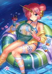 Rule 34 | 1girl, ball, bandaged leg, bandages, bare shoulders, beachball, bikini, blue bikini, blush, breasts, cleavage, collarbone, commentary request, day, double bun, fate/grand order, fate (series), feet out of frame, fingernails, flower, flower on water, food, frankenstein&#039;s monster (fate), frankenstein&#039;s monster (swimsuit saber) (fate), frankenstein&#039;s monster (swimsuit saber) (first ascension) (fate), hair bun, hair ornament, hair over one eye, hands up, highres, holding, holding ball, horns, ice cream, innertube, jacket, long sleeves, looking at viewer, medium breasts, navel, npcpepper, off shoulder, outdoors, parfait, parted lips, pink flower, pink hair, pocky, side bun, single horn, sitting, sleeves past wrists, soaking feet, solo, spoon, swim ring, swimsuit, towel, transparent, wafer stick, water, yellow jacket