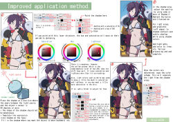 Rule 34 | 1girl, absurdres, armor, artist name, bikini, black choker, blue eyes, character sheet, choker, commentary, english commentary, english text, hata4564, high ponytail, highres, how to, looking to the side, multiple views, navel, original, purple hair, shoulder pads, standing, swimsuit, tattoo, white bikini