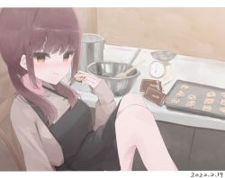 Rule 34 | 1girl, cookie, cooking pot, eating, food, fujina (fujina31q), highres, holding, holding food, kitchen, letterboxed, original, solo, tagme