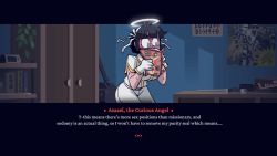 Rule 34 | ..., 1girl, alarm clock, angel, azazel (helltaker), black hair, blue eyes, blunt bangs, blush, book, bookshelf, clock, closet, collared shirt, commentary, cross, english commentary, english text, full-face blush, gloves, hair ribbon, halo, helltaker, highres, holding, holding magazine, indoors, krekkov, looking at viewer, magazine (object), official style, pants, pornography, poster (object), ribbon, shirt, short hair, short sleeves, solo, steaming body, sweat, sword, weapon, white gloves, white pants, white ribbon, white shirt