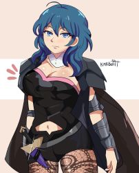 Rule 34 | 1girl, blue eyes, blue hair, breasts, brown pantyhose, byleth (female) (fire emblem), byleth (fire emblem), cleavage, clothing cutout, fire emblem, fire emblem: three houses, hair between eyes, highres, karbuitt, lace, lace-trimmed legwear, lace trim, large breasts, looking at viewer, navel, navel cutout, nintendo, pantyhose, pantyhose under shorts, print pantyhose, short hair, shorts, solo