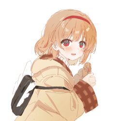 Rule 34 | 1girl, :d, angel wings, backpack, bag, black bag, blush, brown hair, coat, commentary request, eyelashes, food, from side, hair between eyes, hairband, highres, holding, holding food, hood, hood down, kanon, long sleeves, looking at viewer, medium hair, nujii, open mouth, red eyes, red hairband, simple background, smile, solo, taiyaki, tsukimiya ayu, upper body, wagashi, white background, white wings, wide sleeves, wing ornament, wings, yellow coat