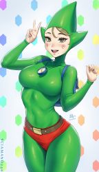 Rule 34 | 1girl, :d, arm up, artist name, belt, blush, bodysuit, breasts, brown eyes, brown hair, clock, collarbone, commentary, covered navel, cowboy shot, dated, english commentary, genderswap, genderswap (mtf), gradient background, green bodysuit, hand up, large breasts, long sleeves, looking at viewer, multicolored background, nintendo, open mouth, red shorts, rupee (zelda), sciamano240, short hair, short shorts, shorts, signature, skin tight, smile, solo, the legend of zelda, the legend of zelda: majora&#039;s mask, tingle, v