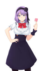 Rule 34 | 10s, 1girl, absurdres, black flower, black pantyhose, black ribbon, black rose, black skirt, blue eyes, blunt bangs, blush, bow, bowtie, breasts, buttons, closed mouth, condom, condom wrapper, contrapposto, dagashi kashi, eyebrows, flower, hair flower, hair ornament, hair ribbon, hairband, hand on own hip, high-waist skirt, highres, holding, holding condom, large breasts, long skirt, looking at viewer, md5 mismatch, nail polish, pantyhose, puffy short sleeves, puffy sleeves, purple hair, red bow, red bowtie, red nails, resolution mismatch, ribbon, rose, rumaki, self-upload, shidare hotaru, shirt, short hair, short sleeves, skirt, smile, solo, source smaller, standing, suspender skirt, suspenders, underbust, white shirt