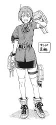 Rule 34 | 1girl, aged down, alternate hair length, alternate hairstyle, ashigara (kancolle), belt, boots, greyscale, hairband, hiro (chumo), kantai collection, miniskirt, monochrome, open mouth, radio antenna, short hair, skirt, smile, solo, thighhighs, translation request, turret, v-shaped eyebrows