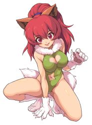 Rule 34 | 1girl, animal ears, cat ears, cat tail, claws, cleavage cutout, clothing cutout, fangs, full body, fur, green leotard, highleg, highres, leotard, long hair, looking at viewer, navel, navel cutout, oyatsu (mk2), perisie (star ocean), pink eyes, pink hair, simple background, slit pupils, solo, squatting, star ocean, star ocean first departure, tail, tongue, tongue out, white background