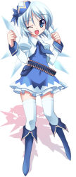 Rule 34 | 1girl, ;d, alternate costume, ammunition belt, bandolier, belt, blue dress, blue eyes, blue hair, boots, cirno, clenched hands, dress, full body, hat, ice, ice wings, juliet sleeves, long sleeves, looking at viewer, lumine (2339), matching hair/eyes, military, military uniform, necktie, one eye closed, open mouth, puffy sleeves, short hair, simple background, smile, solo, thighhighs, touhou, uniform, white background, white thighhighs, wings, zettai ryouiki