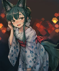 Rule 34 | 1girl, animal ears, bad id, bad tumblr id, bee (deadflow), blue hair, blue kimono, blush, breath, brown eyes, fang, floral print, fox ears, fox tail, tucking hair, half-closed eyes, hand up, hexagon, japanese clothes, kimono, leaning forward, lens flare, looking at viewer, nose blush, open mouth, original, short hair with long locks, sidelocks, smile, solo, tail, wide sleeves