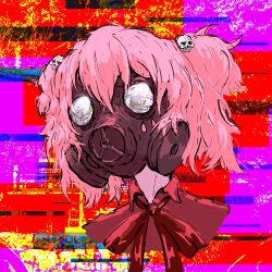 Rule 34 | 01neeto, 1girl, @ @, absurdres, bow, bowtie, colored eyelashes, commentary, english commentary, gas mask, glitch, hair between eyes, hair ornament, half-closed eyes, highres, mahou shoujo magical destroyers, mask, medium hair, multicolored background, multicolored eyes, pink (magical destroyers), pink hair, portrait, red bow, red bowtie, red ribbon, ribbon, short twintails, skull hair ornament, solo, twintails