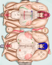 Rule 34 | 2girls, ahegao, anal, anal object insertion, blue eyes, blue hair, blush, body modification, breasts, calendar, calendar (object), censored, censored text, chain, cleavage, clock, contortion, d-pad, daruma (artist), drooling, flexible, game console, gigantic breasts, grid, hair between eyes, handheld game console, heart, high ponytail, highres, huge breasts, huge clitoris, huge nipples, inverted nipples, large areolae, led, light censor, looking at viewer, matching hair/eyes, multiple girls, musical note, nintendo, nintendo ds, nipples, object insertion, one-piece tan, open mouth, pink eyes, pink hair, plug, puffy areolae, puffy nipples, pussy, red eyes, red hair, rolling eyes, sidelocks, simple background, socket, speaker, spread pussy, tan, tanline, what, wire
