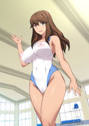 Rule 34 | 1girl, arm up, bare legs, blue eyes, blush, breasts, brown hair, character request, covered erect nipples, covered navel, female pubic hair, from below, groin, highres, indoors, jk fuuzoku gakuensai, joy ride, large breasts, legs, legs together, long hair, looking at viewer, madoka-chan (jk fuuzoku gakuensai), nipples, open mouth, original, pubic hair, pussy, see-through, sleeveless, smile, solo, standing, swimsuit, thighs, uncensored