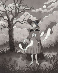 Rule 34 | 1girl, absurdres, black gloves, black hat, cloud, cloudy sky, dress, ghost, gloves, grass, grey dress, grey sky, greyscale, hat, heikala, highres, leaf, long sleeves, monochrome, original, outdoors, plant, puffy long sleeves, puffy sleeves, short hair, skeletal arm, skeletal leg, sky, solo, standing, traditional media, tree, wide shot, witch hat