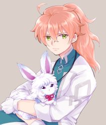 Rule 34 | 1boy, animal, bow, chaldea uniform, fate/grand order, fate (series), fou (fate), gloves, green eyes, jewelry, long hair, looking at viewer, monyoe, necklace, orange hair, ponytail, romani archaman, smile, white gloves