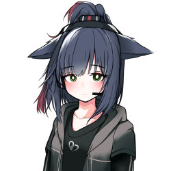 Rule 34 | 1girl, absurdres, animal ears, arknights, black shirt, blue hair, cat ears, cat girl, geulaendeuseupeullo, green eyes, grey jacket, headset, highres, hood, hood down, hooded jacket, implied extra ears, jacket, jessica (arknights), long sleeves, looking at viewer, multicolored hair, open clothes, open jacket, ponytail, red hair, shirt, simple background, solo, streaked hair, upper body, white background