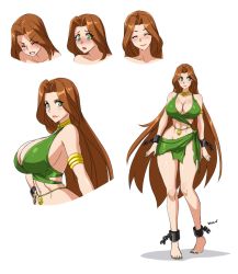 Rule 34 | 1girl, barefoot, bikini, breasts, brown hair, cleavage, cuffs, curvy, devil-v, feet, full body, green eyes, highres, huge breasts, large breasts, legs, long hair, multiple views, nail polish, navel, original, stomach, swimsuit, thick thighs, thighs, very long hair