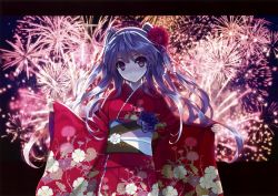 Rule 34 | 1girl, absurdres, blush, fireworks, floral print, flower, full-face blush, hair flower, hair ornament, highres, japanese clothes, kanzashi, kimono, kuroya shinobu, letterboxed, long hair, non-web source, obi, original, outstretched arms, purple eyes, purple hair, sash, scan, sleeves past wrists, smile, solo, spread arms, tsumami kanzashi, two side up, wide sleeves