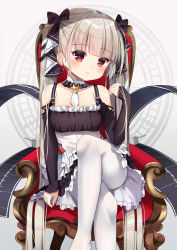 Rule 34 | 1girl, aged down, azur lane, bare shoulders, blush, bow, breasts, closed mouth, collarbone, commentary, crossed legs, detached collar, dress, formidable (azur lane), frilled dress, frills, hair bow, hand up, ikazu401, long hair, long sleeves, looking at viewer, maid, no shoes, pantyhose, red eyes, silver hair, sitting, small breasts, solo, twintails, very long hair, white pantyhose