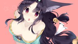 Rule 34 | 1girl, absurdres, animal ear fluff, animal ears, artist request, azur lane, bare shoulders, bell, black hair, blush, breasts, breasts apart, collarbone, floating hair, fox ears, from above, hair bell, hair ornament, hair ribbon, highres, japanese clothes, jingle bell, kimono, large breasts, long hair, looking at viewer, looking up, low twintails, off shoulder, open mouth, pink background, red eyes, ribbon, sidelocks, simple background, solo, star (symbol), twintails, yuubari (azur lane)