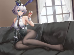 Rule 34 | 1girl, absurdres, animal ears, arm support, azur lane, bare shoulders, black gloves, black leotard, black pantyhose, blue eyes, boost404, bow, bowtie, breasts, closed mouth, couch, cup, fake animal ears, full body, gloves, grey hair, highres, holding, holding cup, leotard, lips, long hair, looking at viewer, medium breasts, no shoes, official alternate costume, pantyhose, playboy bunny, rabbit ears, reno (azur lane), reno (reno bunnino) (azur lane), simple background, single glove, sitting, smile, solo, thighs, white bow, white bowtie, window