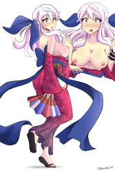 Rule 34 | 1girl, alternate costume, animal print, ass, bare shoulders, blush, bow, breasts, breasts out, butterfly print, collarbone, embarrassed, fire emblem, fire emblem: radiant dawn, fire emblem heroes, hair bow, half updo, hand fan, highres, holding, holding fan, japanese clothes, jarckius, kimono, kimono pull, large breasts, long hair, long sleeves, looking at viewer, micaiah (fire emblem), multiple views, nintendo, nipples, obi, official alternate costume, open clothes, open mouth, sandals, sash, silver hair, simple background, smile, sweat, twitter username, white background, wide sleeves, yellow eyes, yukata