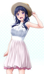 Rule 34 | 1girl, :d, arm up, bare arms, blue hair, blush, breasts, clenched hands, dress, frills, gradient background, hat, highres, long hair, looking at viewer, love live!, love live! sunshine!!, matsuura kanan, medium breasts, nail polish, open mouth, polka dot, polka dot background, purple eyes, sleeveless, sleeveless dress, smile, solo, sun hat, sundress, teeth, upper teeth only, white dress, yopparai oni