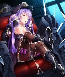 Rule 34 | 1girl, ass, boots, breasts, cum, facial, female focus, hat, highres, lilith-soft, looking at viewer, nipples, no bra, noel renoir, potion (moudamepo), purple hair, red eyes, sex toy, shorts, sitting, smile, sword, taimanin (series), taimanin asagi, taimanin asagi kessen arena, uniform, vibrator, weapon