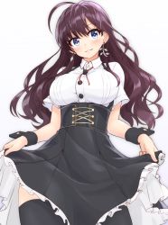 Rule 34 | 10s, 1girl, :3, absurdres, ahoge, black thighhighs, blue eyes, blush, breasts, brown hair, earrings, heart, heart-shaped pupils, high-waist skirt, highres, ichinose shiki, idolmaster, idolmaster cinderella girls, jewelry, large breasts, long hair, looking at viewer, meme attire, shunichi, simple background, skirt, smile, solo, symbol-shaped pupils, thighhighs, underbust, virgin killer outfit, white background, wrist cuffs