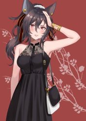 Rule 34 | 1girl, absurdres, animal ears, armlet, armpits, bag, bare arms, bare shoulders, black dress, black hair, breasts, buttons, casual, collarbone, commentary request, dress, erune, floral print, granblue fantasy, hair between eyes, hair ornament, hair ribbon, hand up, highres, ilsa (granblue fantasy), long hair, looking at viewer, medium breasts, myusha, parted lips, ponytail, red eyes, ribbon, see-through, shoulder bag, sleeveless, sleeveless dress, solo, standing