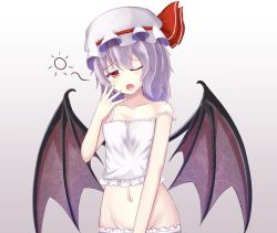 Rule 34 | 1girl, absurdres, bat wings, bloomers, camisole, chemise, collarbone, frilled chemise, frills, hat, hat ribbon, highres, light purple hair, midriff, mob cap, navel, one eye closed, open mouth, red eyes, red ribbon, remilia scarlet, ribbon, short hair, sleepy, sleeveless, spaghetti strap, stomach, strap slip, touhou, underwear, underwear only, white camisole, wings, wottosei, yawning