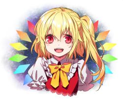 Rule 34 | 1girl, :d, asymmetrical hair, blonde hair, blush, bow, bowtie, detached wings, eyes visible through hair, fangs, flandre scarlet, frilled shirt collar, frills, gradient background, image sample, long hair, looking at viewer, mise yuzuki, no headwear, open mouth, orange bow, orange bowtie, pointy ears, portrait, puffy short sleeves, puffy sleeves, rainbow order, red eyes, red vest, shirt, short sleeves, side ponytail, smile, solo, tareme, touhou, upper body, vest, white shirt, wings