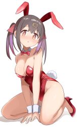 Rule 34 | 1girl, absurdres, animal ears, bare legs, black hair, bow, bowtie, breasts, brown eyes, cleavage, colored inner hair, detached collar, file mei naraku, hair ornament, hair ribbon, hairclip, high heels, highres, kneeling, leotard, long hair, medium breasts, multicolored hair, onii-chan wa oshimai!, oyama mihari, playboy bunny, purple hair, rabbit ears, rabbit tail, red bow, red bowtie, red footwear, red leotard, ribbon, simple background, smile, solo, tail, twintails, white background, wrist cuffs