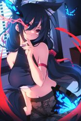 Rule 34 | 1girl, animal ears, bare shoulders, black hair, breasts, bug, butterfly, curly hair, desk, electricity, floral print, glowing, glowing eye, hand on table, highres, insect, large breasts, long hair, looking at viewer, navel, nozomi (the0neulost), original, pantyhose, red eyes, rose print, sitting, smile, table, the0neulost, thighs, window