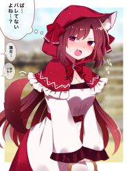 Rule 34 | 1girl, absurdres, animal ears, blurry, blurry background, blush, bow, breasts, brown hair, capelet, cleavage, dress, fang, highres, hood, imaizumi kagerou, long hair, long sleeves, looking at viewer, open mouth, red bow, red capelet, red eyes, red skirt, skin fang, skirt, solo, sweat, tail, touhou, translation request, wolf ears, wolf tail, you (noanoamoemoe)