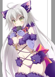 Rule 34 | 1girl, absurdres, ahoge, animal costume, animal ear fluff, animal ears, bare shoulders, blonde hair, blush, border, bow, breast suppress, breasts, cellphone, cleavage, closed mouth, cosplay, cowboy shot, detached collar, elbow gloves, eyebrows, fate/grand order, fate (series), fur trim, gloves, grey border, halloween costume, hand on breast, highres, holding, holding phone, jeanne d&#039;arc (fate), jeanne d&#039;arc (ruler) (fate), jeanne d&#039;arc alter (avenger) (fate), jeanne d&#039;arc alter (fate), lace, lace-trimmed legwear, lace trim, large breasts, long hair, looking at viewer, mash kyrielight, mash kyrielight (dangerous beast), mash kyrielight (dangerous beast) (cosplay), navel, o-ring, official alternate costume, outside border, panties, phone, pillarboxed, purple gloves, purple panties, purple thighhighs, revealing clothes, shielder (fate/grand order), shielder (fate/grand order) (cosplay), silver hair, solo, stomach, strap gap, striped, striped bow, suzuri (tennenseki), sweat, tail, thighhighs, underwear, very long hair, wavy mouth, white background, wolf costume, wolf ears, wolf tail, yellow eyes