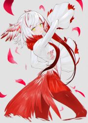 Rule 34 | 1girl, bird girl, bird tail, bird wings, feathered wings, grey background, head wings, highres, jacket, japanese crested ibis (kemono friends), kemono friends, long hair, looking at viewer, looking back, multicolored hair, notora, pantyhose, red hair, scarf, simple background, skirt, solo, tail, two-tone hair, white hair, wings, yellow eyes