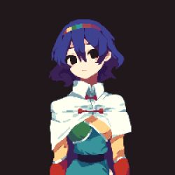 Rule 34 | 1girl, 4qw5, black background, black eyes, blue hair, capelet, closed mouth, commentary, hairband, long sleeves, looking at viewer, multicolored clothes, multicolored hairband, short hair, simple background, solo, tenkyuu chimata, touhou, upper body, white capelet