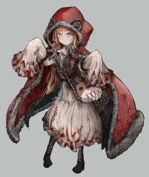 Rule 34 | 1girl, arched bangs, ascot, bag, black footwear, blonde hair, blood, blood on clothes, boots, cape, cross-laced footwear, dress, full body, fur-trimmed cape, fur trim, grey background, highres, hood, hood up, hooded cape, kajaneko, lace-up boots, little red riding hood, little red riding hood (grimm), long hair, long sleeves, looking at viewer, orange eyes, shoulder bag, simple background, sleeves past wrists, solo, standing, tailcoat, white ascot, white dress