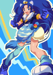 Rule 34 | 10s, 1girl, :d, animal ears, blue background, blue bow, blue eyes, blue footwear, blue gloves, blue hair, blue neckwear, blue shirt, blue skirt, blue theme, blue thighhighs, bow, choker, clenched hand, crown, cure gelato, earrings, extra ears, full body, gloves, highres, jewelry, kirakira precure a la mode, layered skirt, lion ears, lion tail, long hair, looking at viewer, magical girl, mini crown, open mouth, parted bangs, precure, shirt, shoes, single thighhigh, skirt, smile, solo, standing, tail, tategami aoi, thighhighs, toyosu toyosu, white skirt