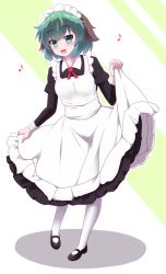 Rule 34 | 1girl, :d, alternate costume, apron, black footwear, full body, green eyes, green hair, highres, juliet sleeves, kasodani kyouko, long sleeves, looking at viewer, maid, maid apron, maid headdress, musical note, open mouth, pantyhose, puffy sleeves, short hair, sivamaron, smile, solo, striped, striped background, touhou, white pantyhose