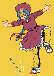 Rule 34 | 1girl, :/, absurdres, arrow (projectile), blue hair, bow, braid, braided ponytail, breasts, chanta (ayatakaoisii), dress, hair bow, hat, highres, jiangshi (chanta), large breasts, long hair, long sleeves, ofuda, ofuda on clothes, original, outstretched arms, pants, purple dress, purple hat, red bow, red eyes, sash, shoes, single braid, solo, spread arms, track pants, translation request, white footwear, yellow pants