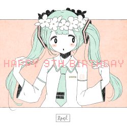 Rule 34 | 1girl, absurdres, aqua hair, artist name, birthday, blunt bangs, blush, collared shirt, detached sleeves, english text, flower, happy birthday, hatsune miku, head wreath, highres, holding, holding own hair, limited palette, long hair, nail polish, necktie, noeru (noellemonade), pale skin, pink background, shirt, sleeveless, solo, tie clip, twintails, upper body, vocaloid, white flower