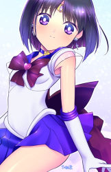 Rule 34 | 1girl, back bow, bishoujo senshi sailor moon, black hair, bob cut, bow, brooch, choker, circlet, closed mouth, cowboy shot, earrings, elbow gloves, gloves, heart, heart brooch, himehachi (hime8manga), jewelry, looking at viewer, magical girl, out of frame, pleated skirt, purple bow, purple eyes, purple neckwear, purple sailor collar, purple skirt, sailor collar, sailor saturn, sailor senshi uniform, short hair, signature, skirt, smile, solo, split mouth, star (symbol), star choker, super sailor saturn, tomoe hotaru, white gloves