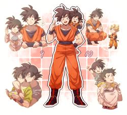 Rule 34 | 2boys, ?, black eyes, black hair, blonde hair, boots, carrying, dougi, dragon ball, dragon ball gt, dragonball z, father and son, hug, hug from behind, kneeling, looking at another, male focus, multiple boys, pink background, salute, short hair, simple background, son goku, son goten, spiked hair, super saiyan, super saiyan 1, white background