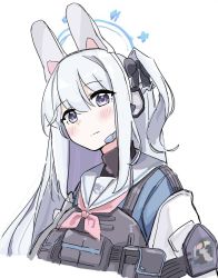 Rule 34 | 1girl, animal ears, blue archive, blue shirt, blush, closed mouth, communicator, hair ribbon, halo, jacket, long hair, looking at viewer, microphone, military jacket, miyako (blue archive), rabbit ears, ribbon, scratching cheek, shirt, tactical clothes, touhou90275, vest, walkie-talkie